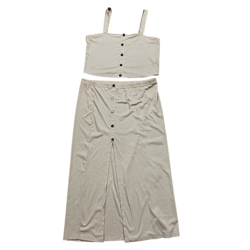Cider 2 Piece Midi Skirt Set Crop top Button Front With Slit Size 1XL Ribbed